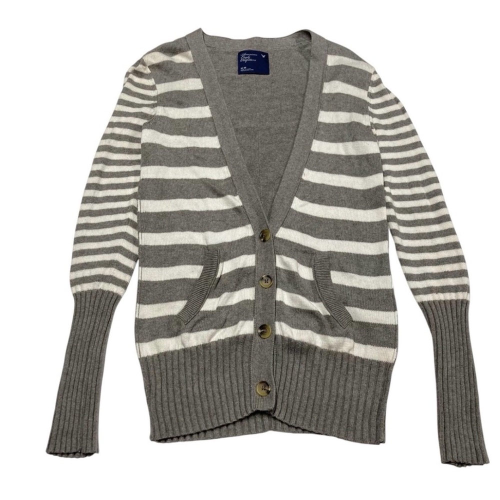 American Eagle Gray & White Striped Long Sleeve Cardigan Women’s Size M